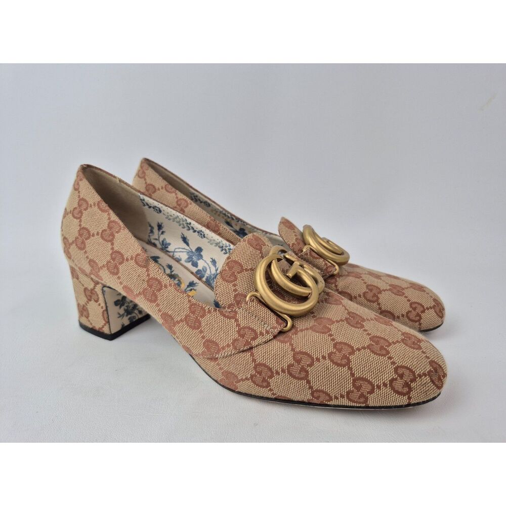 Gucci Women's GG Marmont Beige Ruggine Victoire 55mm Block Heel Pumps Size 41